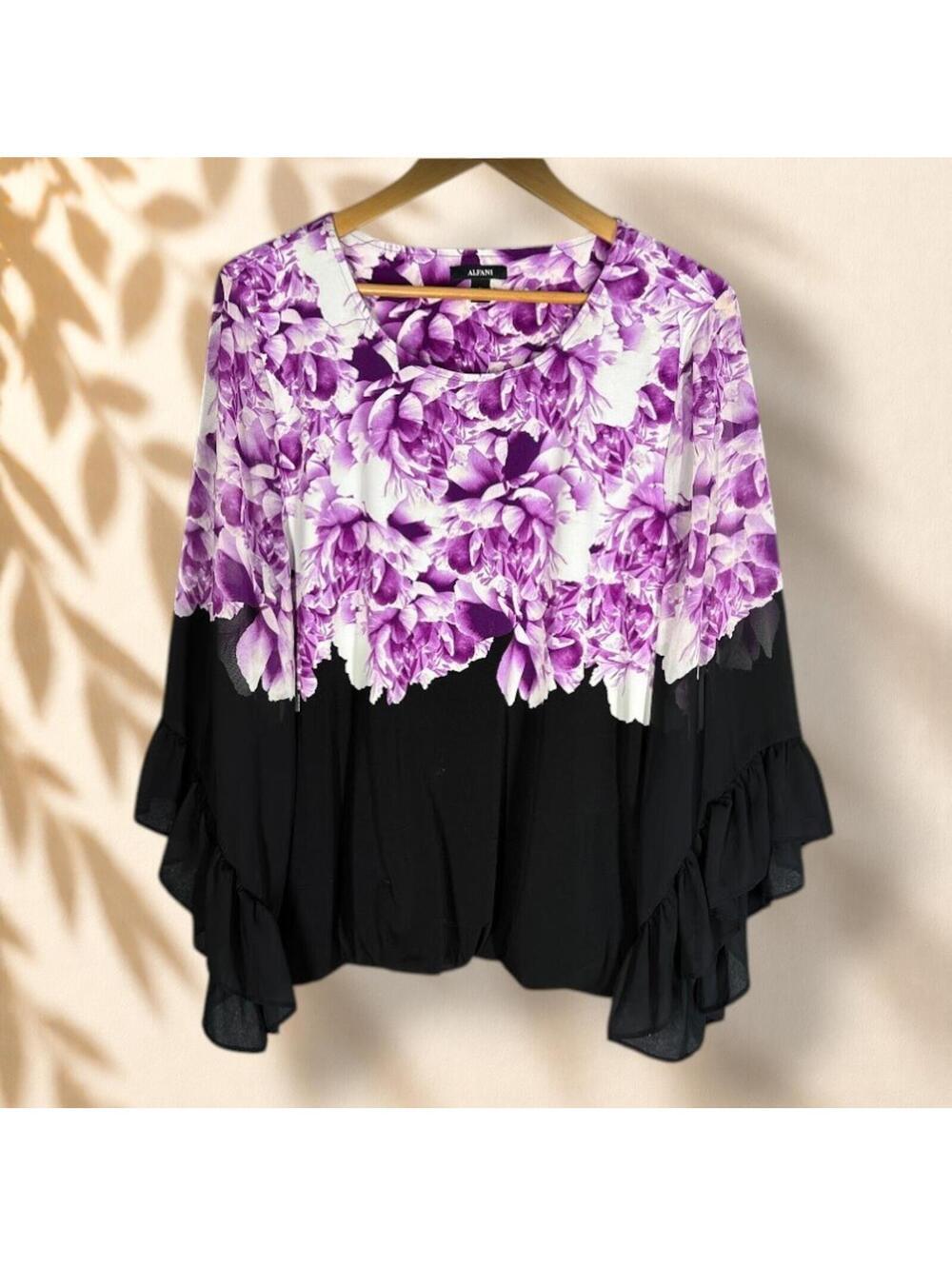Alfani Blouse Women XL Black Floral Long Sleeve Round Neck Pullover Casual